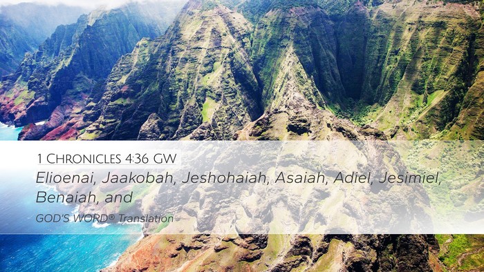 1 Chronicles 4:36 GW Desktop Wallpaper - Elioenai, Jaakobah, Jeshohaiah, Asaiah, Adiel, - Desktop Bible Verse Wallpaper