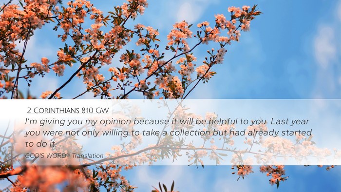 2 Corinthians 8:10 GW Bible Verse Image
