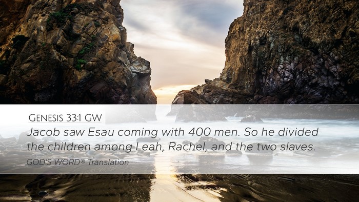 Genesis 33:1 GW Desktop Wallpaper - Jacob saw Esau coming with 400 men. So he divided - Desktop Bible Verse Wallpaper