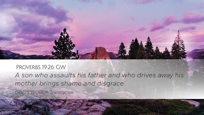 Proverbs 19:26 GW Desktop Wallpaper - A son who assaults his father and who drives away - Desktop Bible Verse Wallpaper