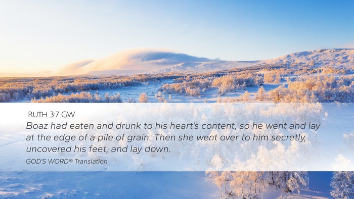 Ruth 3:7 GW Desktop Wallpaper - Boaz had eaten and drunk to his heart’s - Desktop Bible Verse Wallpaper