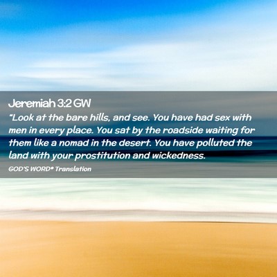 Picture 02 - Jeremiah 3:2 GW - “Look at the bare hills, and see. You have had - Bible Verse Picture