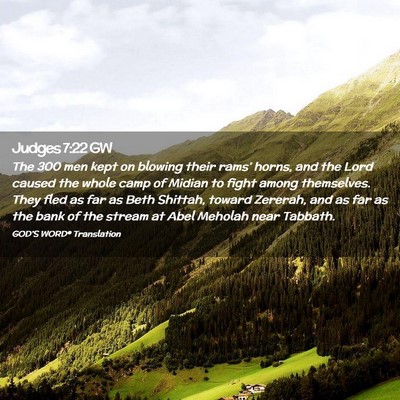 Picture 02 - Judges 7:22 GW - The 300 men kept on blowing their rams’ horns, - Bible Verse Picture