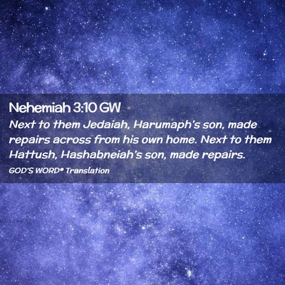 Picture 02 - Nehemiah 3:10 GW - Next to them Jedaiah, Harumaph’s son, made - Bible Verse Picture