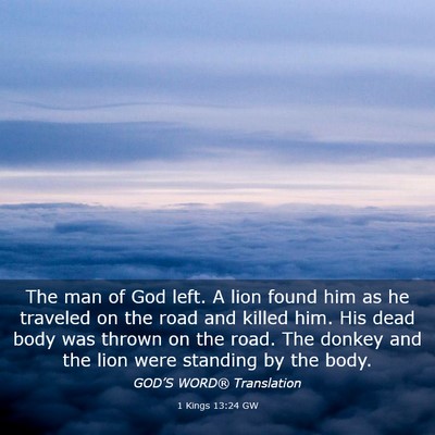 Picture 03 - 1 Kings 13:24 GW - The man of God left. A lion found him as he - Bible Verse Picture