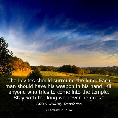 Picture 03 - 2 Chronicles 23:7 GW - The Levites should surround the king. Each man - Bible Verse Picture