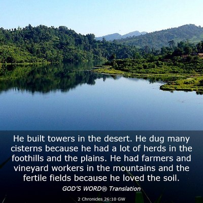 Picture 03 - 2 Chronicles 26:10 GW - He built towers in the desert. He dug many - Bible Verse Picture