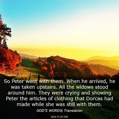 Picture 03 - Acts 9:39 GW - So Peter went with them. When he arrived, he was - Bible Verse Picture