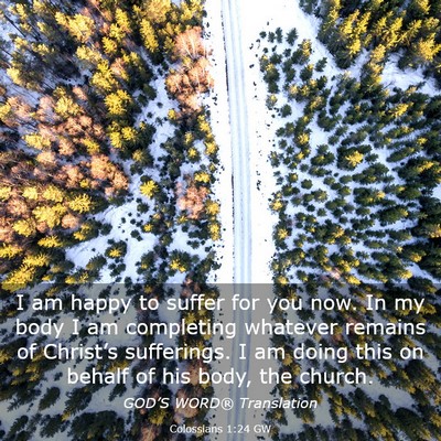 Picture 03 - Colossians 1:24 GW - I am happy to suffer for you now. In my body I am - Bible Verse Picture