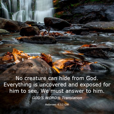 Picture 03 - Hebrews 4:13 GW - No creature can hide from God. Everything is - Bible Verse Picture