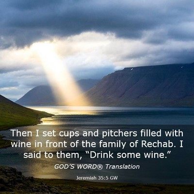 Picture 03 - Jeremiah 35:5 GW - Then I set cups and pitchers filled with wine in - Bible Verse Picture