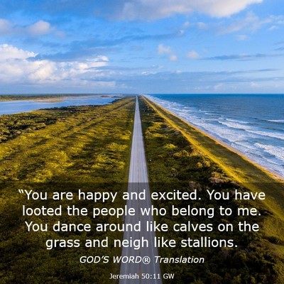 Picture 03 - Jeremiah 50:11 GW - “You are happy and excited. You have looted the - Bible Verse Picture