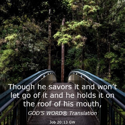 Picture 03 - Job 20:13 GW - Though he savors it and won’t let go of it and - Bible Verse Picture