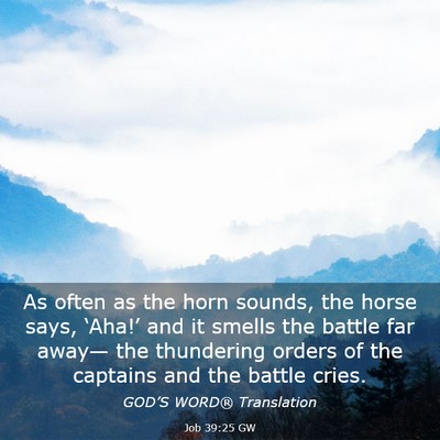 Picture 03 - Job 39:25 GW - As often as the horn sounds, the horse says, - Bible Verse Picture