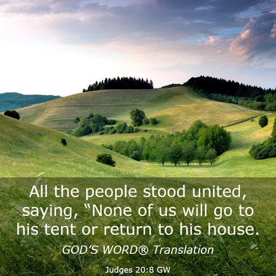 Picture 03 - Judges 20:8 GW - All the people stood united, saying, “None of - Bible Verse Picture