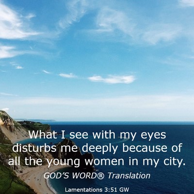 Picture 03 - Lamentations 3:51 GW - What I see with my eyes disturbs me deeply - Bible Verse Picture