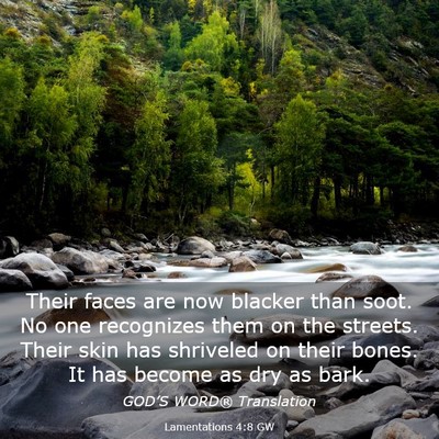 Picture 03 - Lamentations 4:8 GW - Their faces are now blacker than soot. No one - Bible Verse Picture