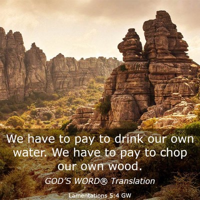 Picture 03 - Lamentations 5:4 GW - We have to pay to drink our own water. We have to - Bible Verse Picture