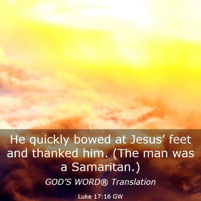 Picture 03 - Luke 17:16 GW - He quickly bowed at Jesus’ feet and thanked - Bible Verse Picture