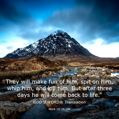 Picture 03 - Mark 10:34 GW - They will make fun of him, spit on him, whip him, - Bible Verse Picture