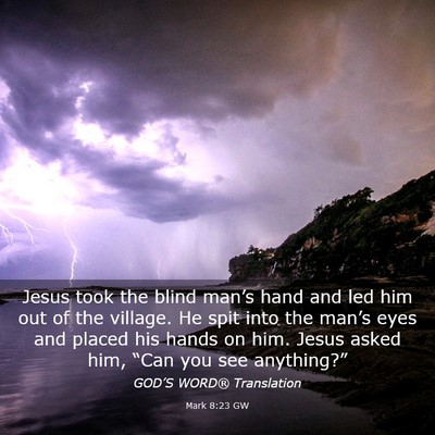 Picture 03 - Mark 8:23 GW - Jesus took the blind man’s hand and led him out - Bible Verse Picture