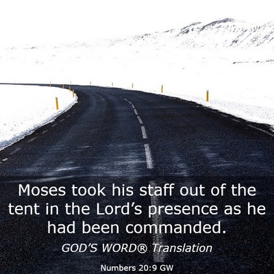 Picture 03 - Numbers 20:9 GW - Moses took his staff out of the tent in the - Bible Verse Picture