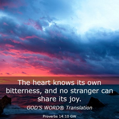 Picture 03 - Proverbs 14:10 GW - The heart knows its own bitterness, and no - Bible Verse Picture