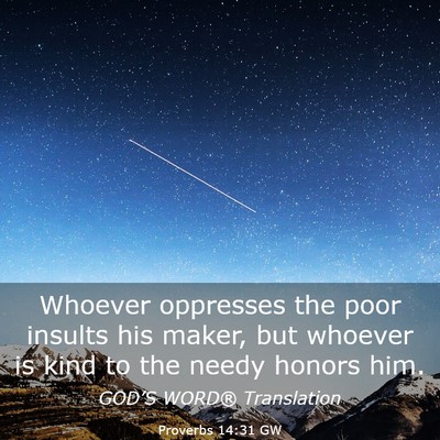 Picture 03 - Proverbs 14:31 GW - Whoever oppresses the poor insults his maker, but - Bible Verse Picture