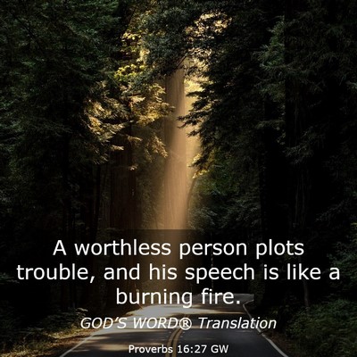 Picture 03 - Proverbs 16:27 GW - A worthless person plots trouble, and his speech - Bible Verse Picture