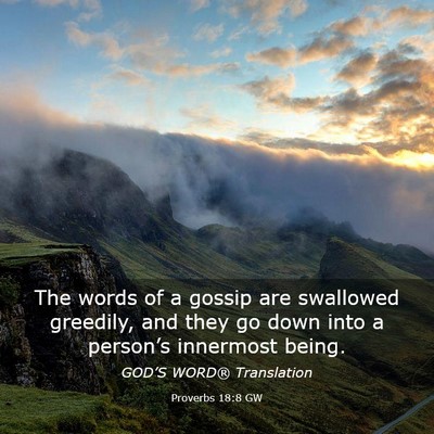 Picture 03 - Proverbs 18:8 GW - The words of a gossip are swallowed greedily, and - Bible Verse Picture