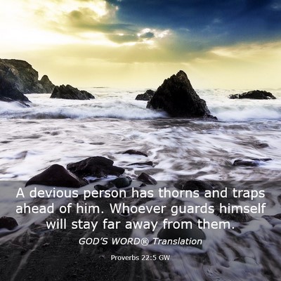Picture 03 - Proverbs 22:5 GW - A devious person has thorns and traps ahead of - Bible Verse Picture