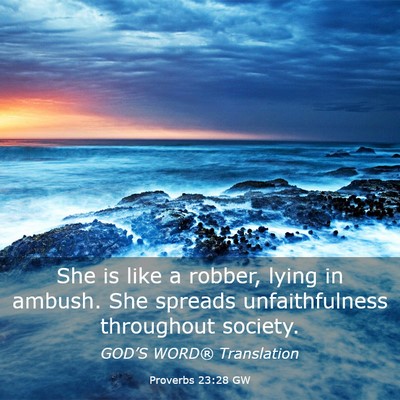 Picture 03 - Proverbs 23:28 GW - She is like a robber, lying in ambush. She - Bible Verse Picture