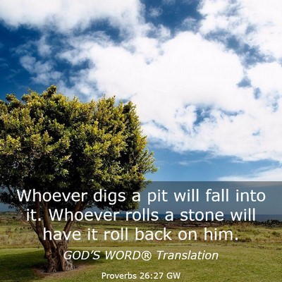 Picture 03 - Proverbs 26:27 GW - Whoever digs a pit will fall into it. Whoever - Bible Verse Picture