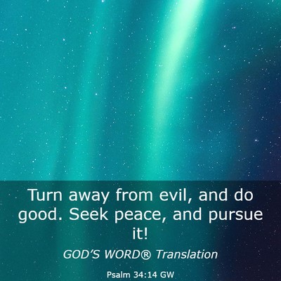 Picture 03 - Psalm 34:14 GW - Turn away from evil, and do good. Seek peace, and - Bible Verse Picture