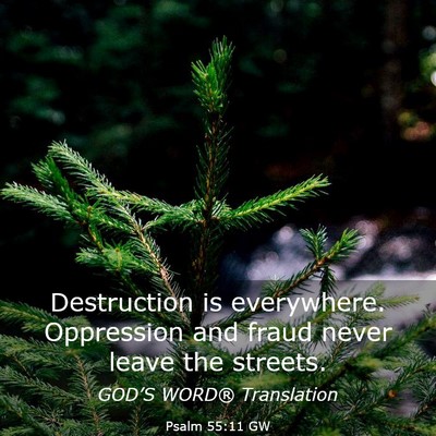 Picture 03 - Psalm 55:11 GW - Destruction is everywhere. Oppression and fraud - Bible Verse Picture
