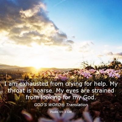 Picture 03 - Psalm 69:3 GW - I am exhausted from crying for help. My throat is - Bible Verse Picture