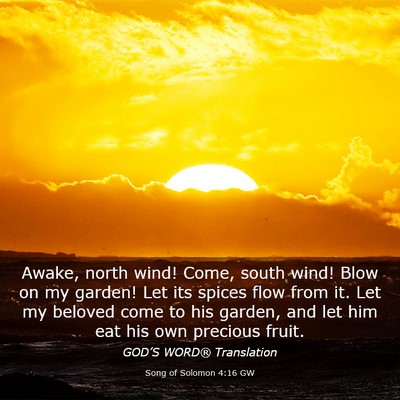 Picture 03 - Song of Solomon 4:16 GW - Awake, north wind! Come, south wind! Blow on my - Bible Verse Picture