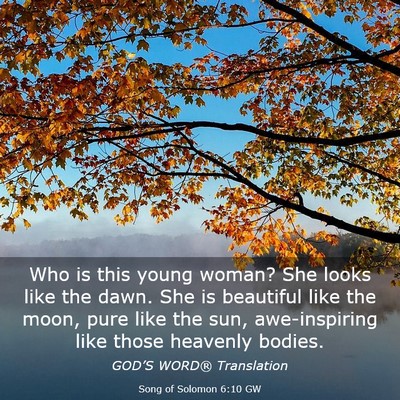 Picture 03 - Song of Solomon 6:10 GW - Who is this young woman? She looks like the dawn. - Bible Verse Picture