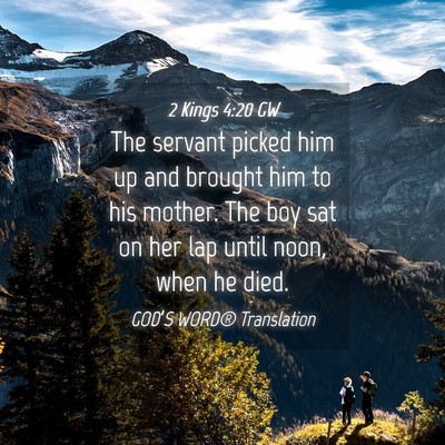 Picture 04 - 2 Kings 4:20 GW - The servant picked him up and brought him to his - Bible Verse Picture