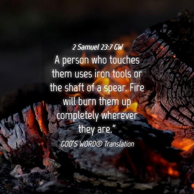 Picture 04 - 2 Samuel 23:7 GW - A person who touches them uses iron tools or the - Bible Verse Picture