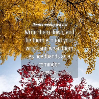 Picture 04 - Deuteronomy 6:8 GW - Write them down, and tie them around your wrist, - Bible Verse Picture