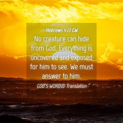Picture 04 - Hebrews 4:13 GW - No creature can hide from God. Everything is - Bible Verse Picture
