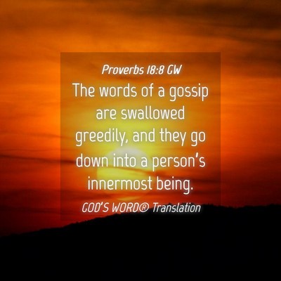 Picture 04 - Proverbs 18:8 GW - The words of a gossip are swallowed greedily, and - Bible Verse Picture