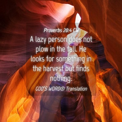 Picture 04 - Proverbs 20:4 GW - A lazy person does not plow in the fall. He looks - Bible Verse Picture