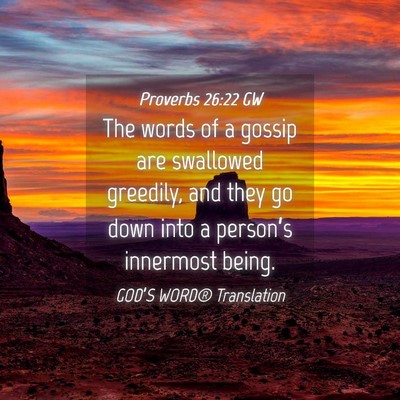 Picture 04 - Proverbs 26:22 GW - The words of a gossip are swallowed greedily, and - Bible Verse Picture