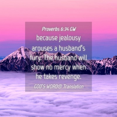 Picture 04 - Proverbs 6:34 GW - because jealousy arouses a husband’s fury. The - Bible Verse Picture