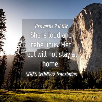 Picture 04 - Proverbs 7:11 GW - She is loud and rebellious. Her feet will not - Bible Verse Picture