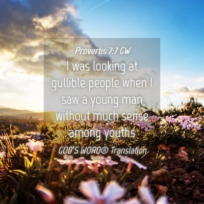 Picture 04 - Proverbs 7:7 GW - I was looking at gullible people when I saw a - Bible Verse Picture