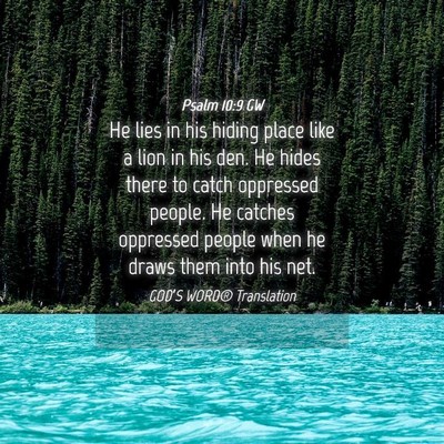Picture 04 - Psalm 10:9 GW - He lies in his hiding place like a lion in his - Bible Verse Picture