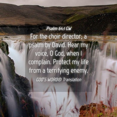 Picture 04 - Psalm 64:1 GW - For the choir director; a psalm by David. Hear my - Bible Verse Picture